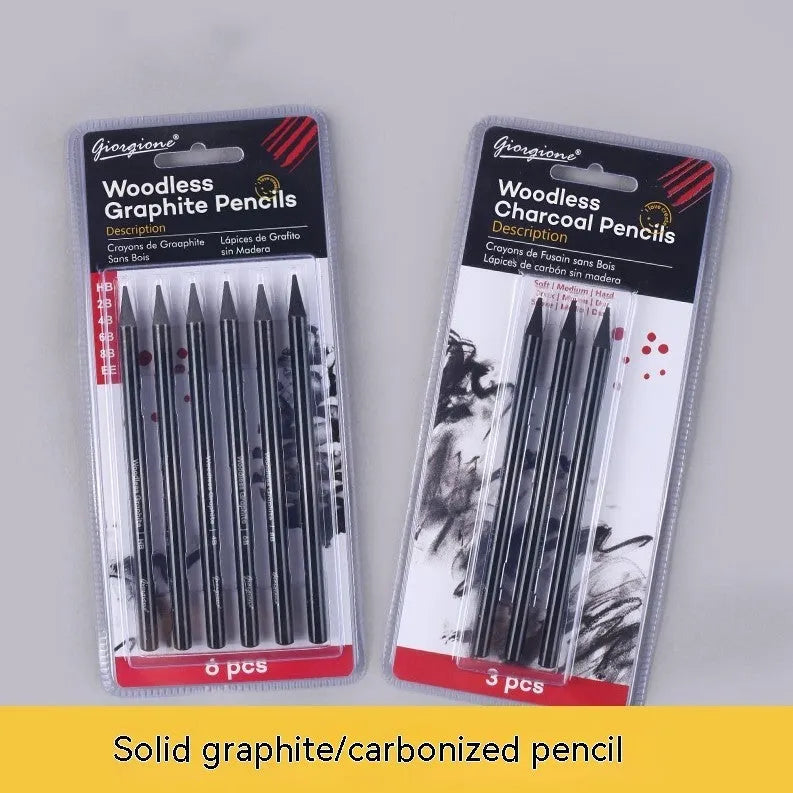 Set of nine wooden drawing pencils on a suction card, containing six graphite and three carbonized pencils for artist sketching.
