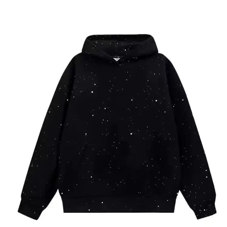 Loose-fit black hooded sweater with starry letter print for men and women