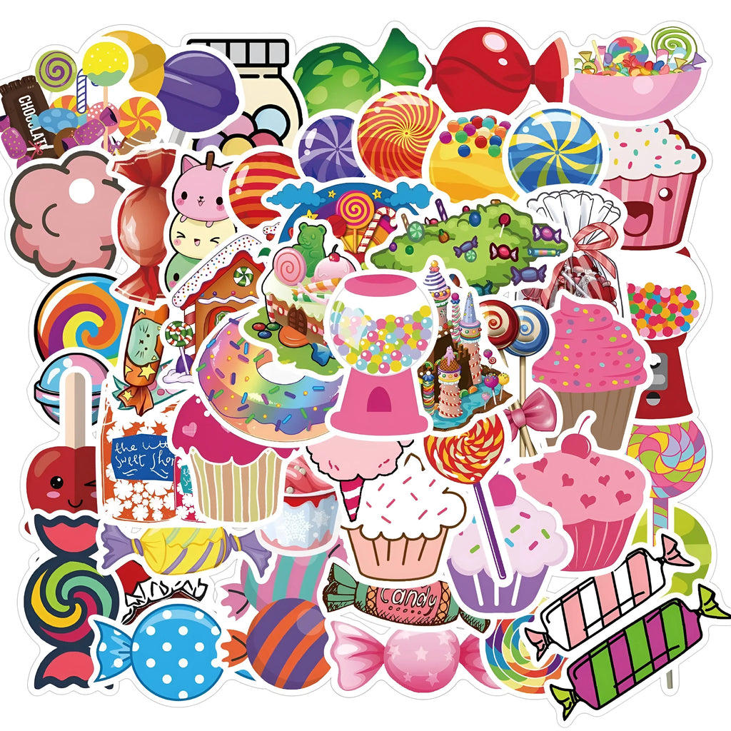 Colourful candy graffiti sticker sheets with cartoon designs measuring 4-6cm