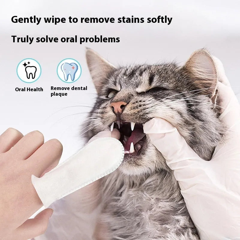 Pack of 50 white non-woven fabric pet dental finger cots for cleaning cat and dog teeth.