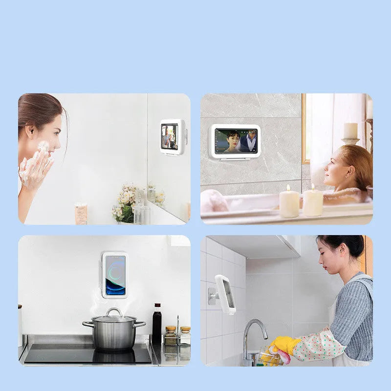 Waterproof phone holder mounted on bathroom tile showing mobile phone visible through anti-fog window