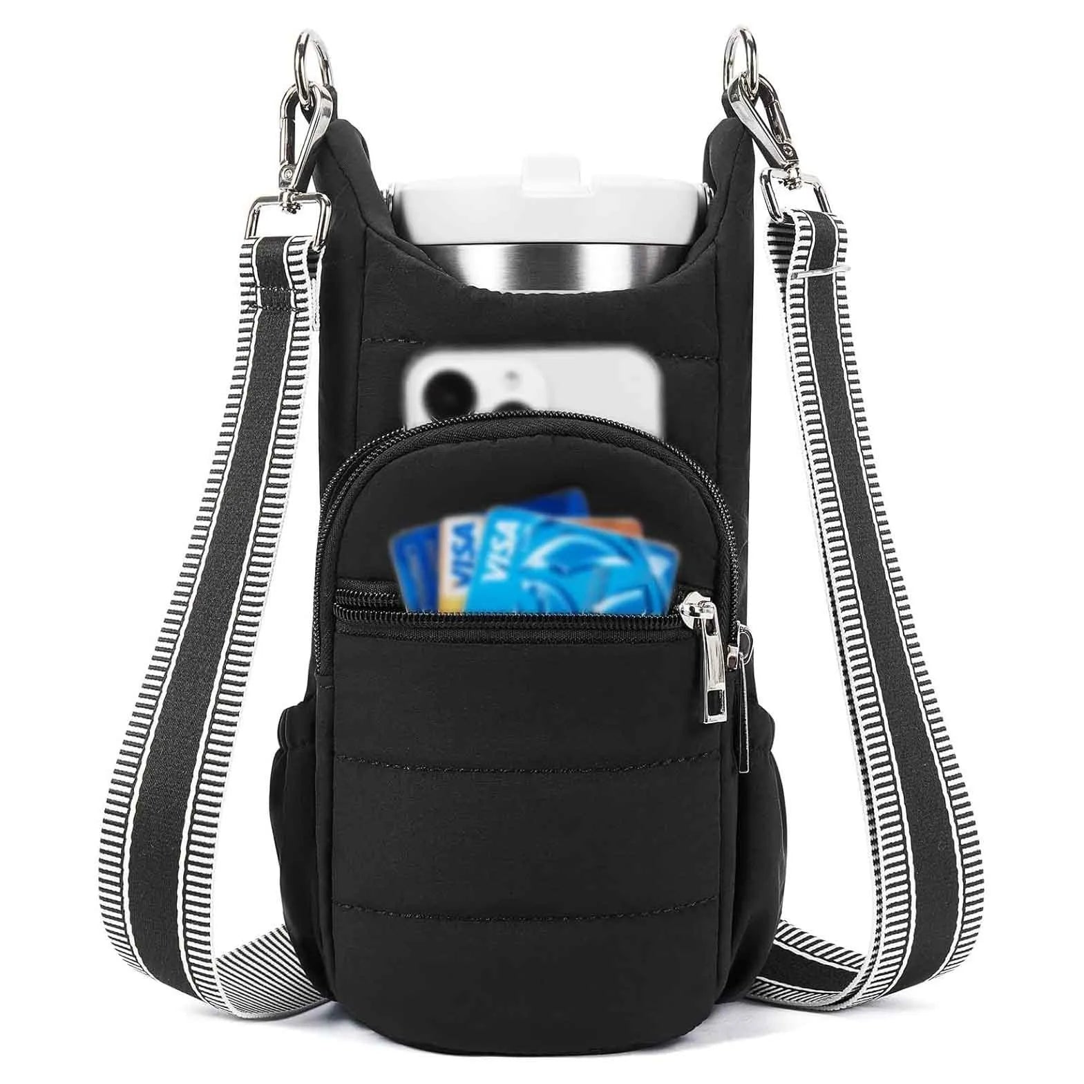 Kettle-shaped cycling water bottle bag in black colour mounted on bicycle handlebars