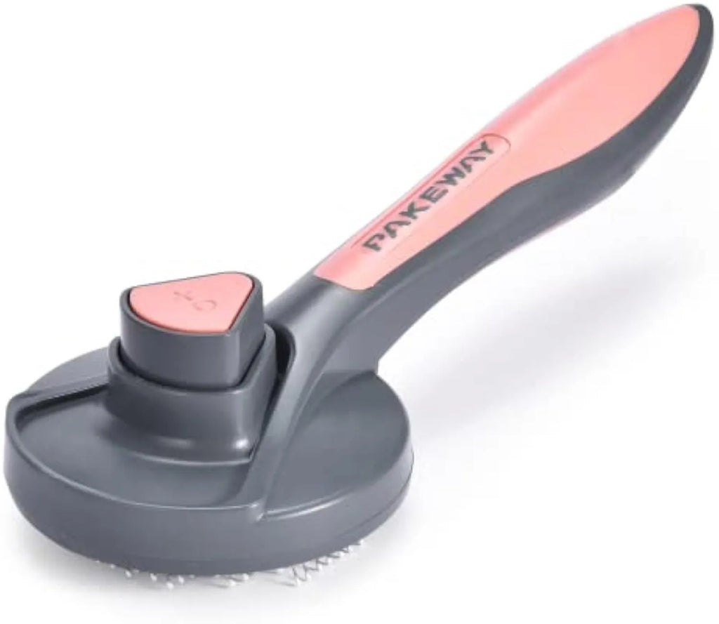 Self-cleaning slicker brush for cats and dogs with grey, green, and pink handle options