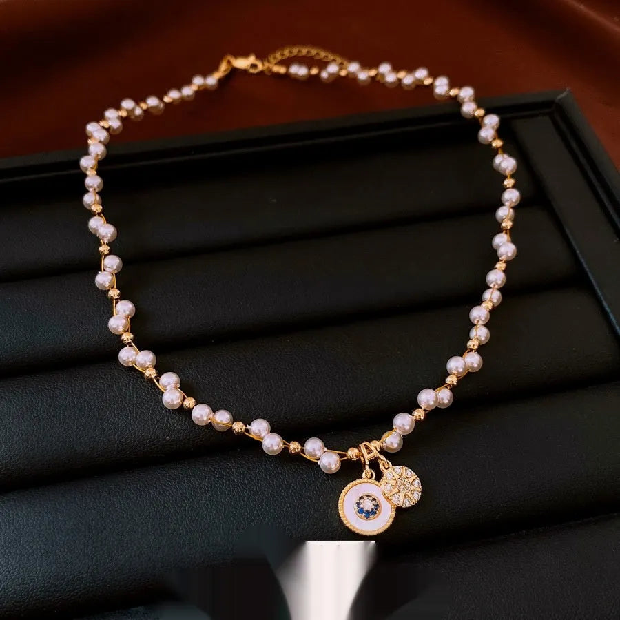 Gold electroplated zircon pearl pendant necklace on clavicle chain with adjustable 41-50cm length