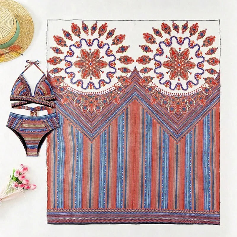Three-piece women's swimsuit set with high waist briefs, sleeveless cutout blouse and matching coat