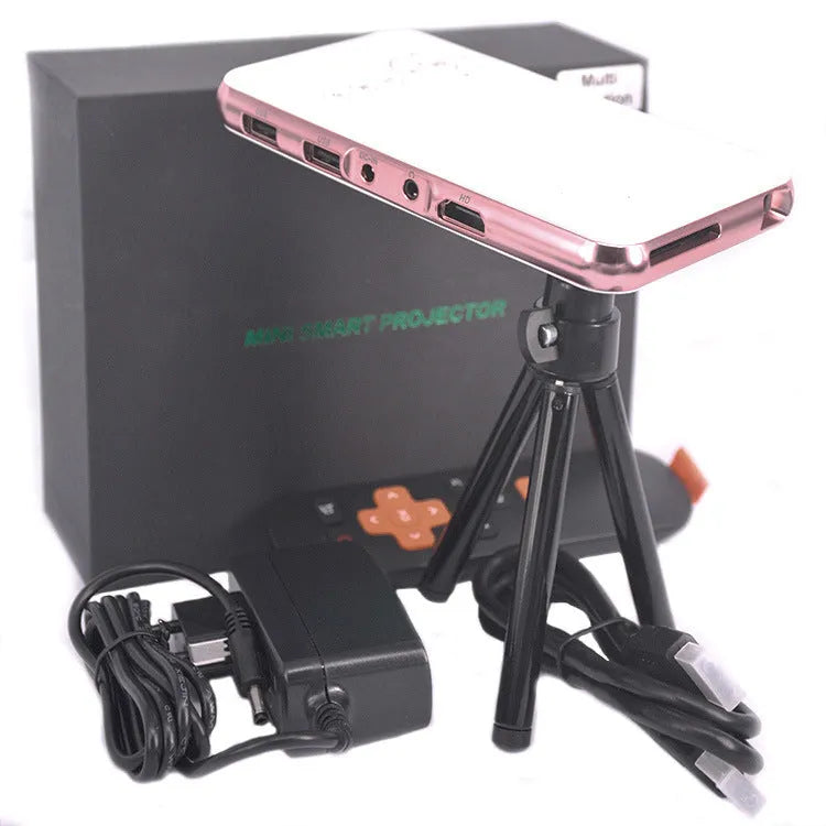 M6S miniature white and rose gold Android DLP projector showing compact 145mm design