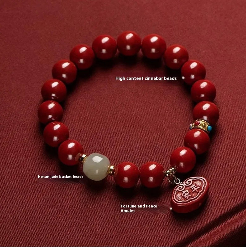 Cinnabar Emperor Sandstone bracelet with Ping An Fu Lu motifs in 8mm or 10mm bead sizes