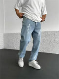 Men's straight-leg denim trousers in loose wide-leg fit with solid colour print and zipper fly