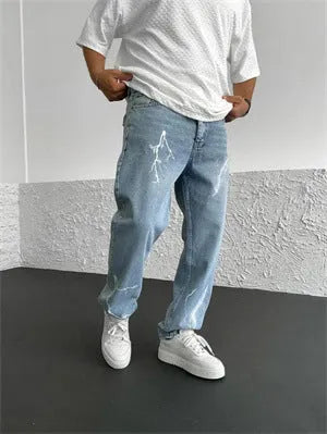 Men's straight-leg denim trousers in loose wide-leg fit with solid colour print and zipper fly
