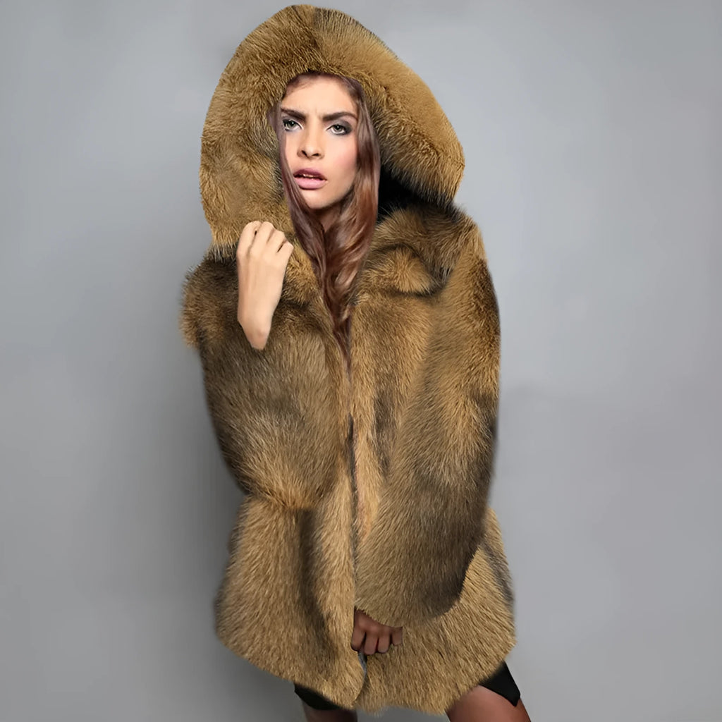 Silver grey women's artificial fur coat with loose fit and mid-length design