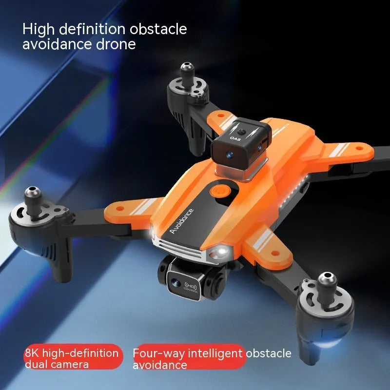 Compact orange quadcopter drone with four propellers and a dual camera system on a black background.