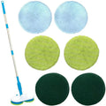 Household wireless electric floor mop with USB charging port and assorted microfiber, polishing, and scrubbing cloths.