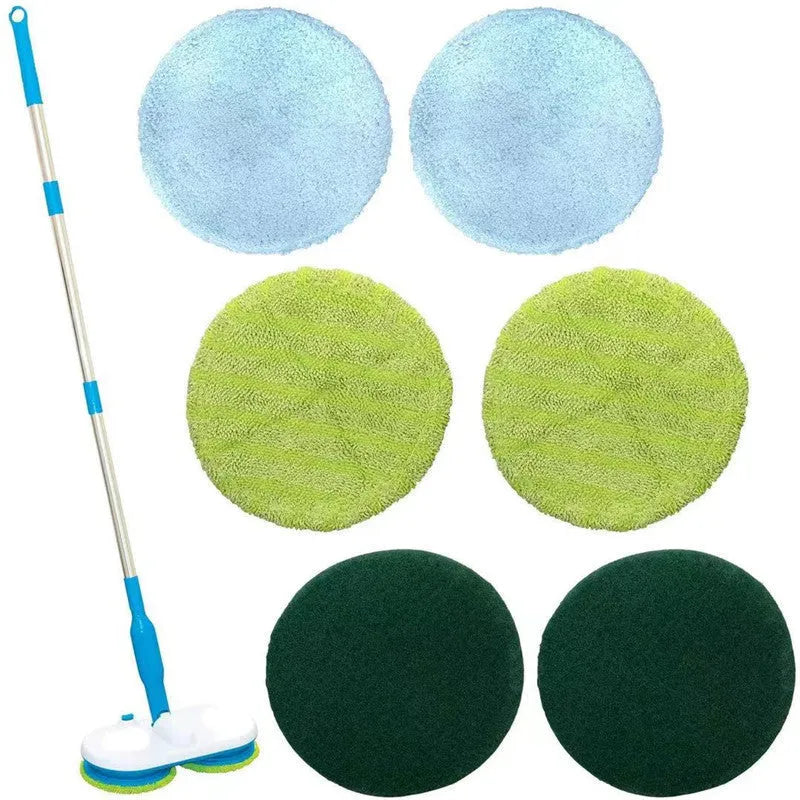 Household wireless electric floor mop with USB charging port and assorted microfiber, polishing, and scrubbing cloths.