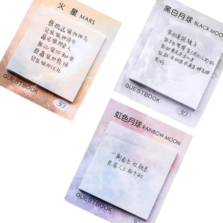 Square planet sticky notes showing Earth, Mars, and Mercury designs at 7.3cm dimensions