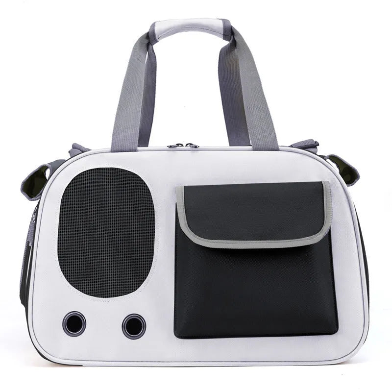 Foldable single shoulder pet carrier bag in black, green, or yellow canvas with large capacity interior