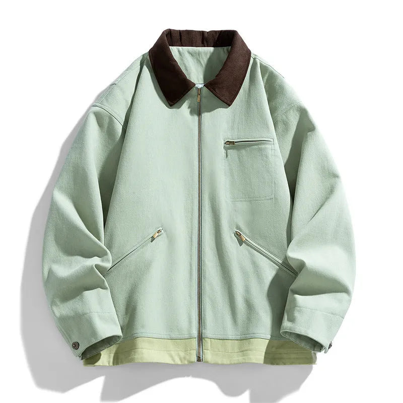 Korean style men's loose fit autumn jacket with contrast colour lapels and side seam pockets