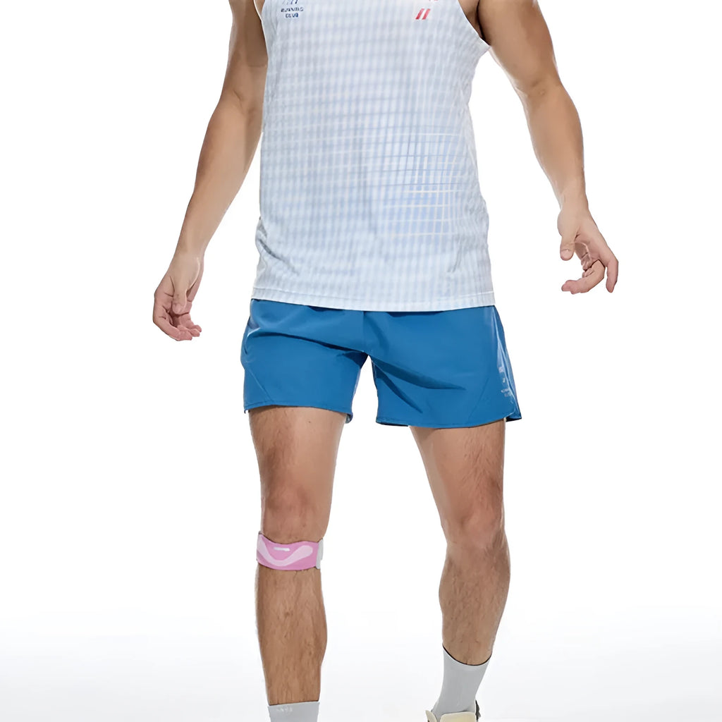 Men's black running shorts with four-sided stretch fabric and laser stitching detail