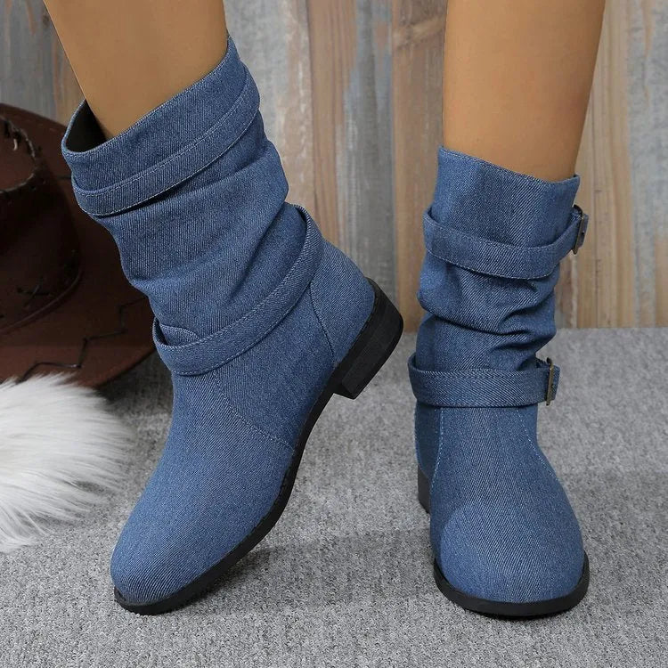 Women's square heel round toe denim leather boots in brown, mid heel 3-5cm, high cylinder, rubber sole