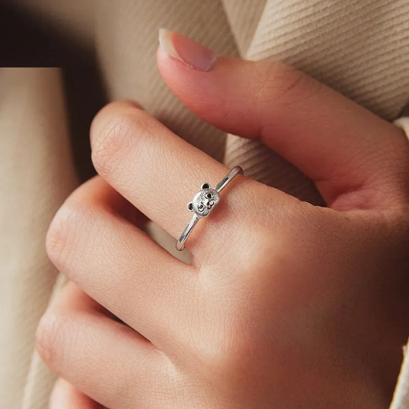 S925 sterling silver panda open ring with adjustable opening on white background