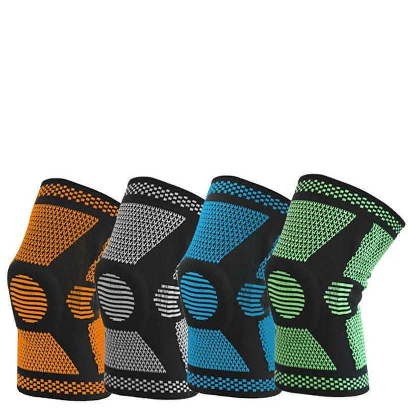Sports fitness knee pads with silicone spring design in blue, green, orange, and white colour options