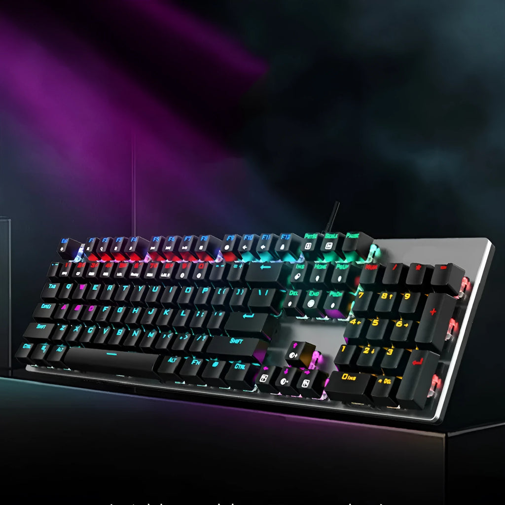 AOC GK410 full-size mechanical keyboard with metal chassis and backlit keys on a desk