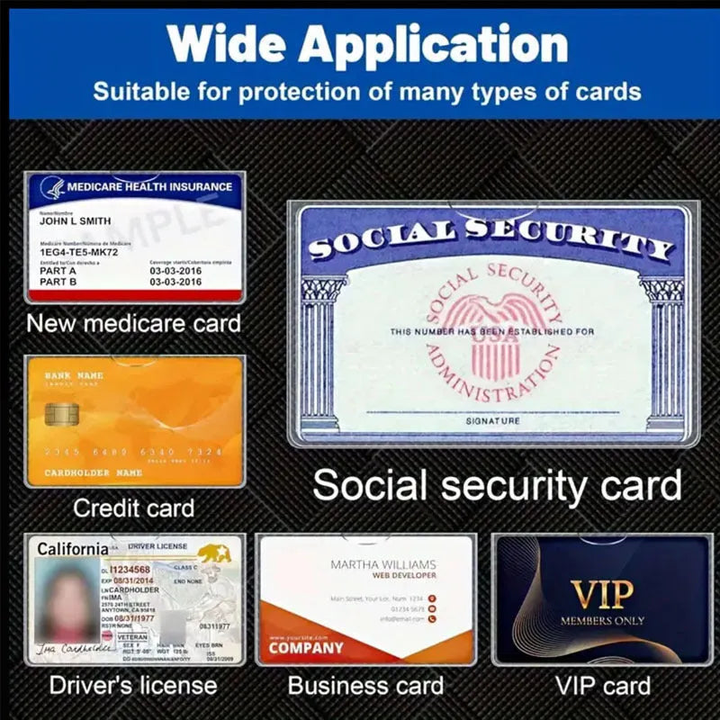 Clear PVC social security card holder with dimensions 9.7 by 5.9 centimetres.