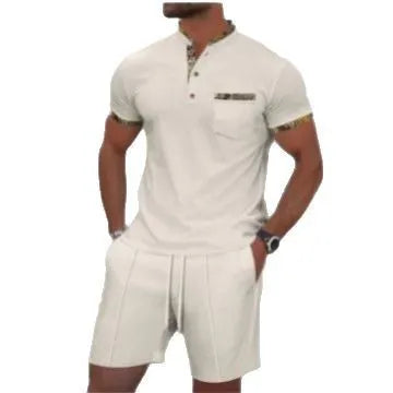 Men's grey zip-front polo collar short sleeve top paired with matching shorts, a casual summer suit set.