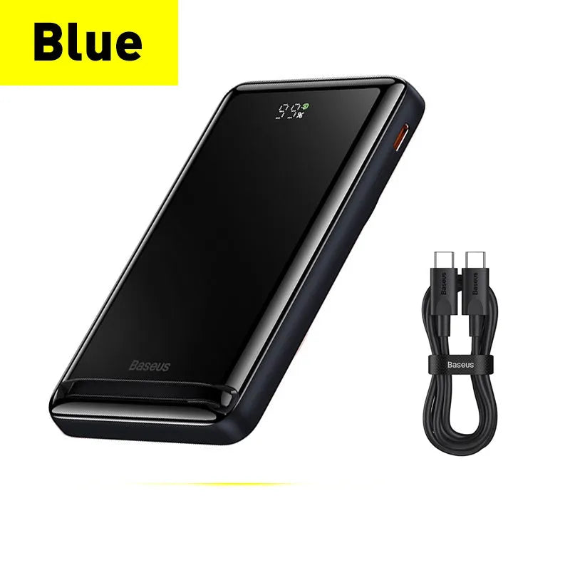 Blue 3-in-1 slim magnetic power bank showing wireless charging surface and compact size