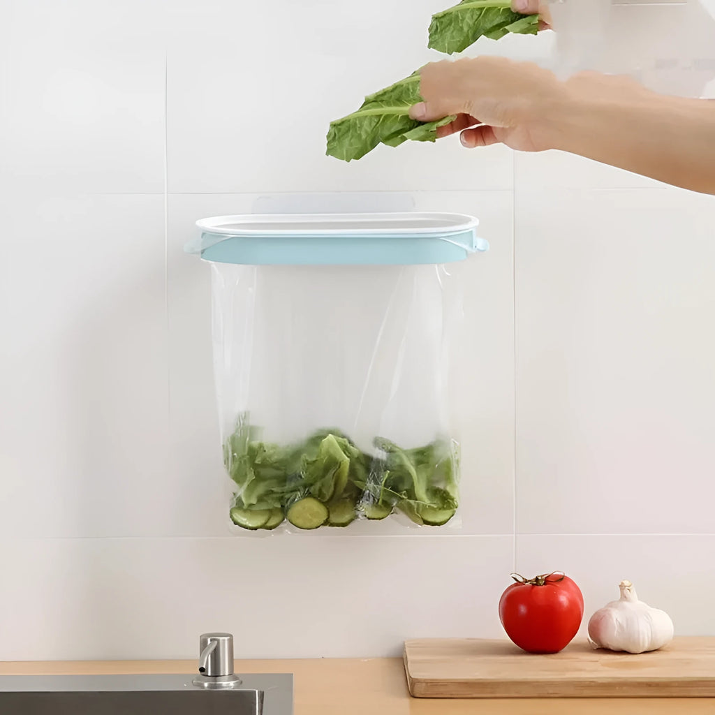 Blue plastic kitchen cabinet garbage bag storage rack holding rubbish bags