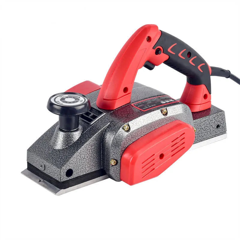 Red desktop electric wood planer with aluminium shell and 82mm planing width