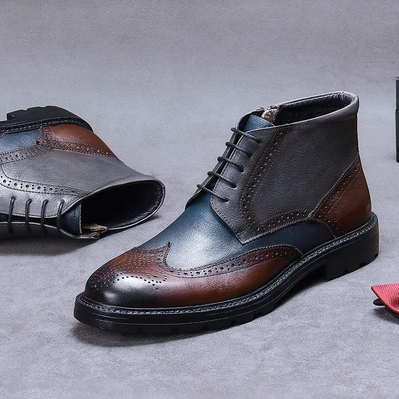 Men's curry blue leather brogue boots with colour-block design and carved detailing