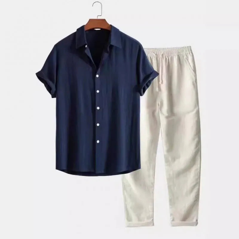 Men's loose fit casual short sleeve shirt and trousers suit in a linen blend fabric.