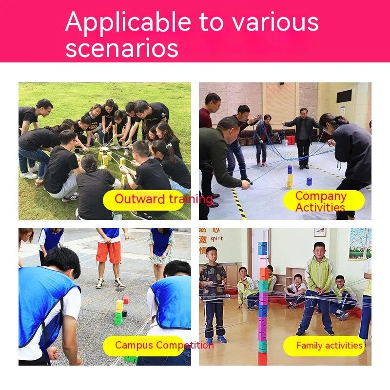 Outdoor team building game equipment set with coloured ABS plastic blocks, ropes, and a hook frame.