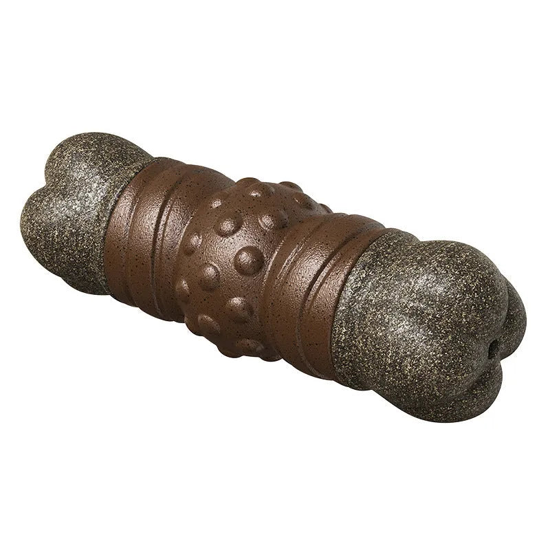 Wood-coloured plastic dog toothbrush toy with bone shape and molar rod texture