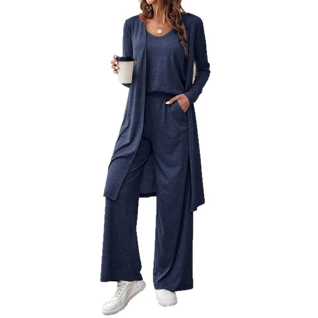 Blue women's three-piece casual suit set with cardigan, trousers and suspenders in Japanese Korean style