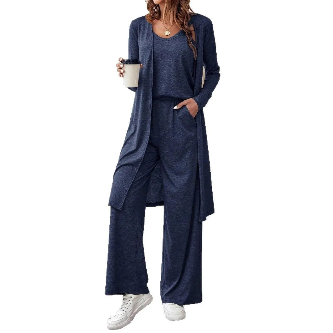Blue women's three-piece casual suit set with cardigan, trousers and suspenders in Japanese Korean style