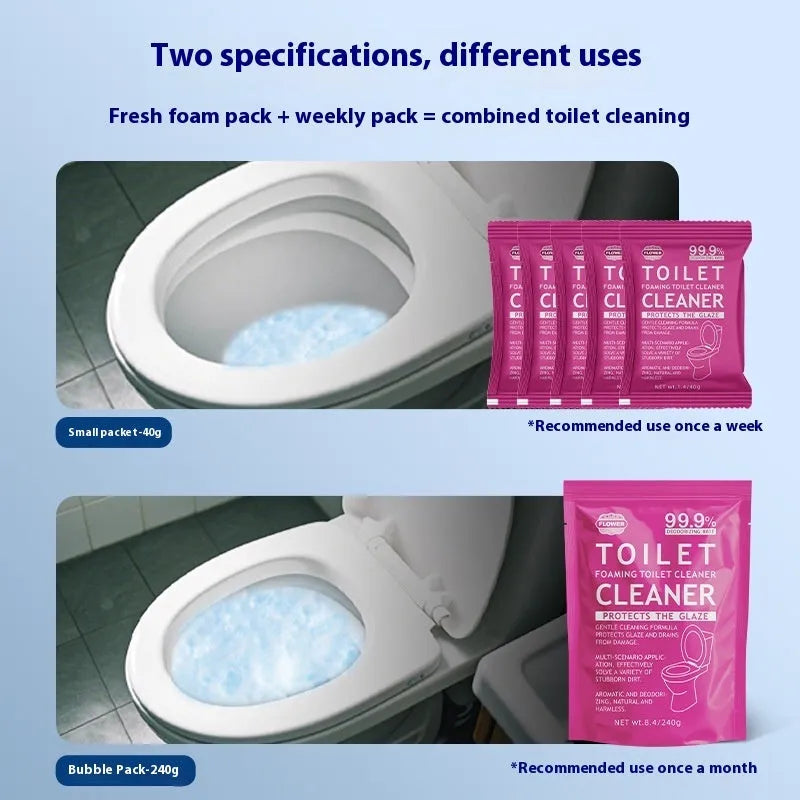 Box and bag options of blue and pink fragranced toilet bubble powder cleaning tablets.