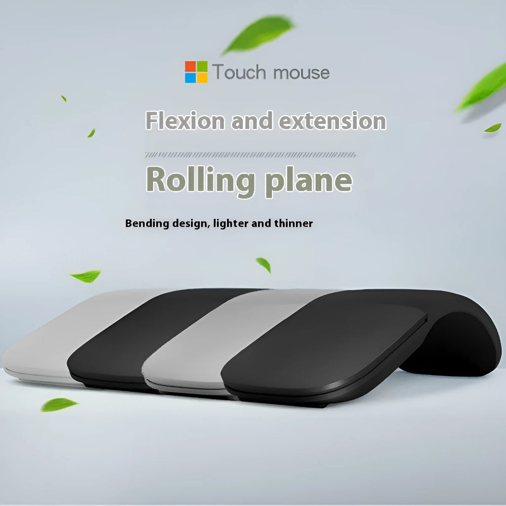 Folding Bluetooth wireless mouse shown in black, demonstrating its compact 131.2mm length and touch surface.