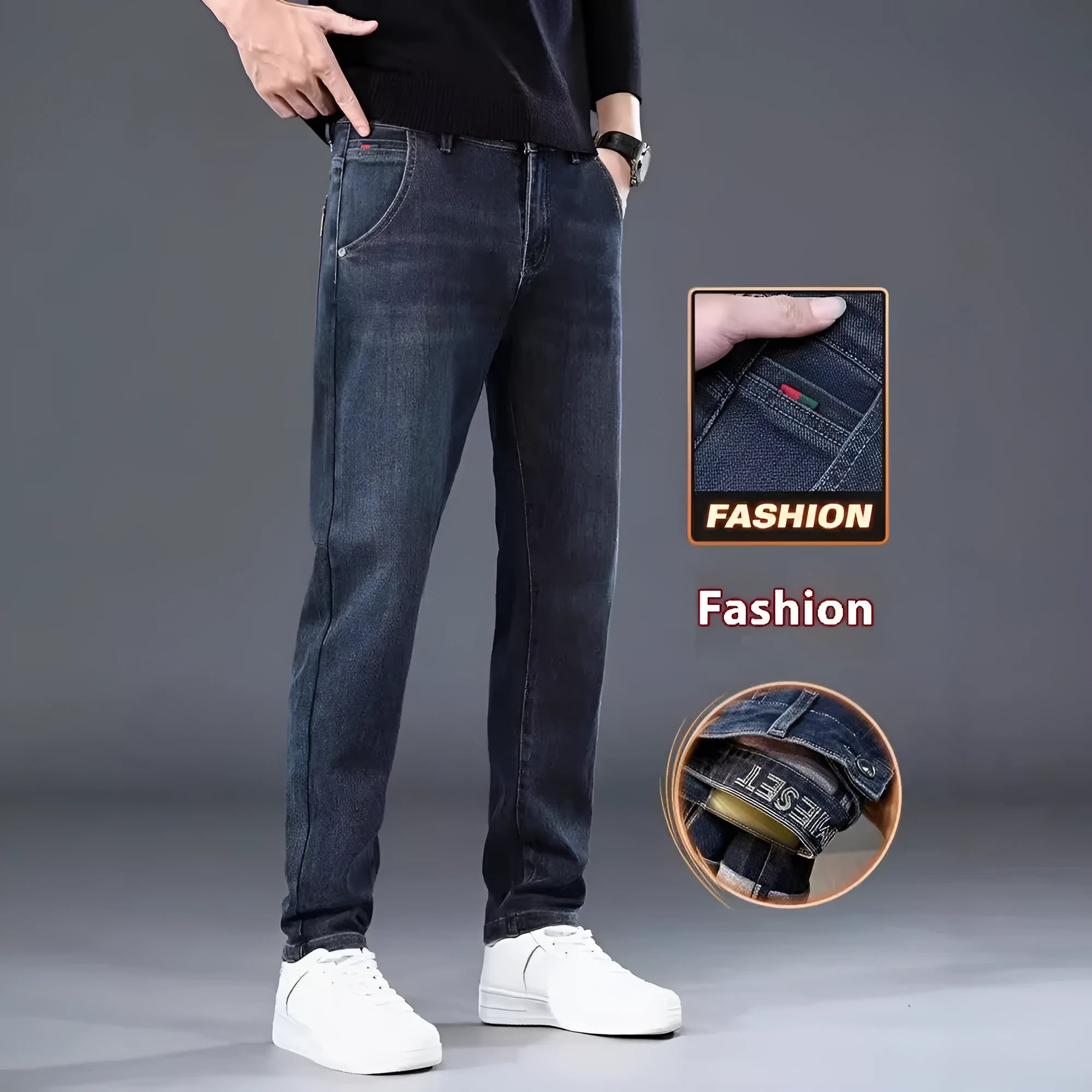 Men's slim straight casual trousers in polyester fabric with micro elasticity and zipper fly