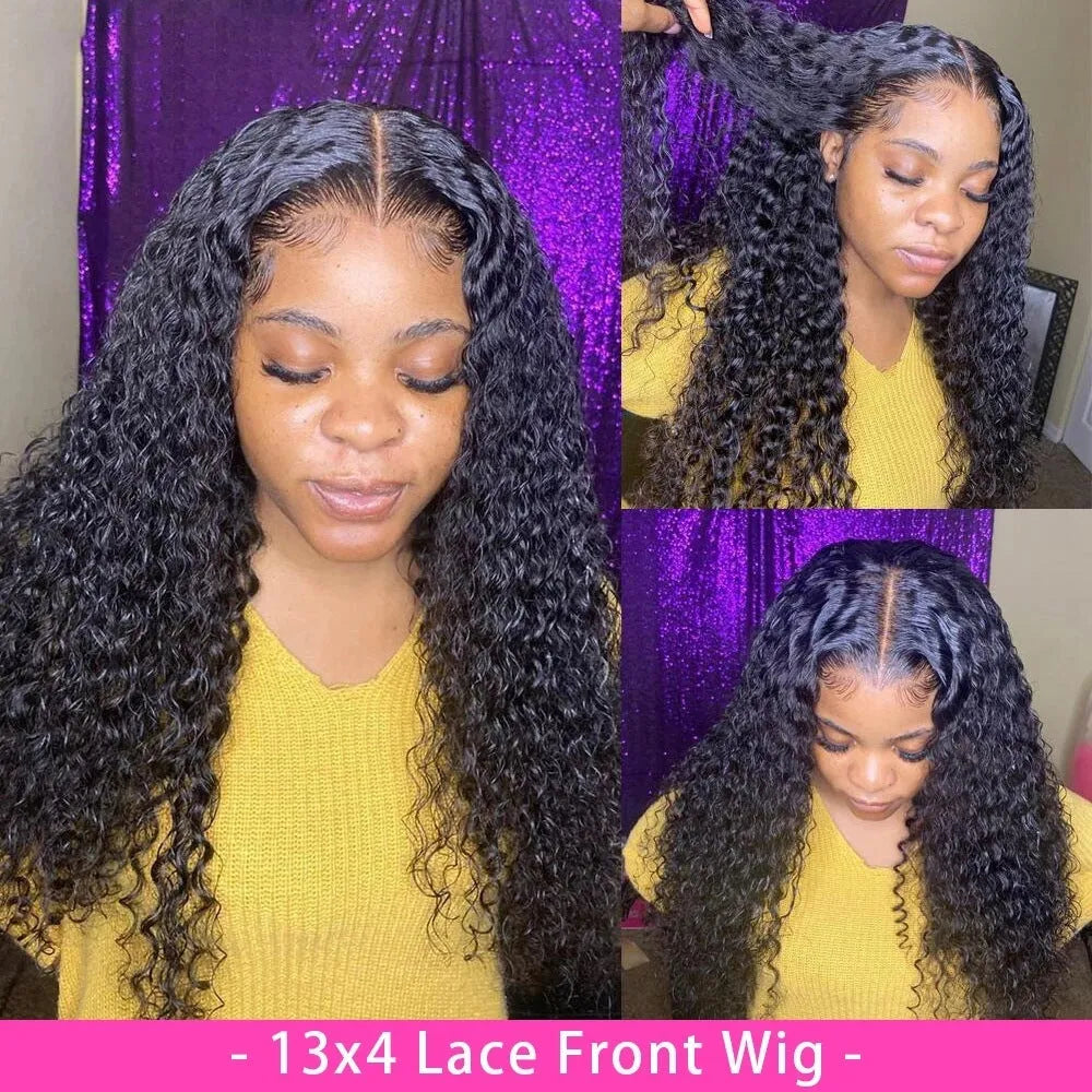 Curly human hair wig with lace frontal shown in various lengths from short to long.