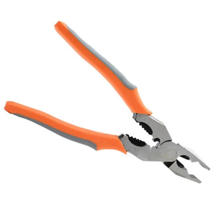 Orange multi-function wire cutter pliers with forged steel jaws and textured PVC handles.