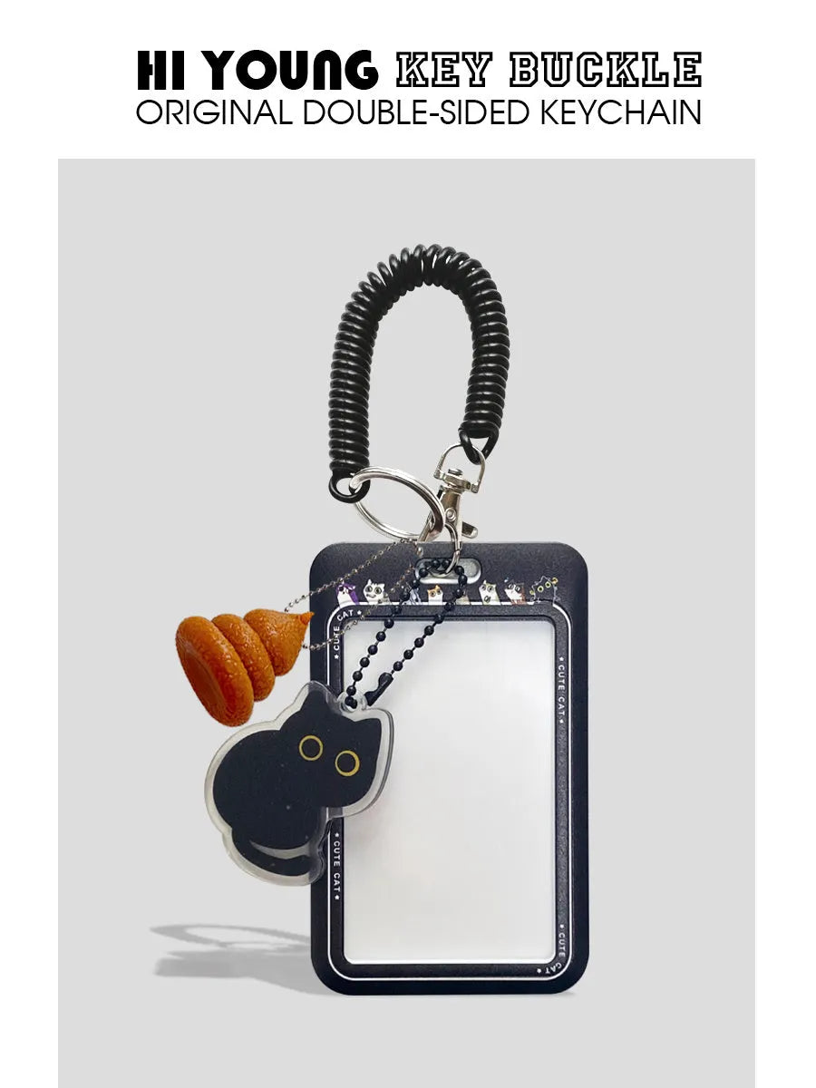 Cartoon black cat plastic card sleeve holder with ferrule pendant for bus and student cards