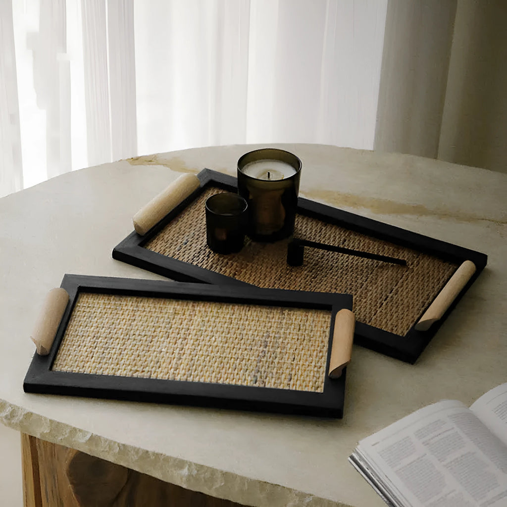 Pine wood dining tray with two compartments shown in large and small size options
