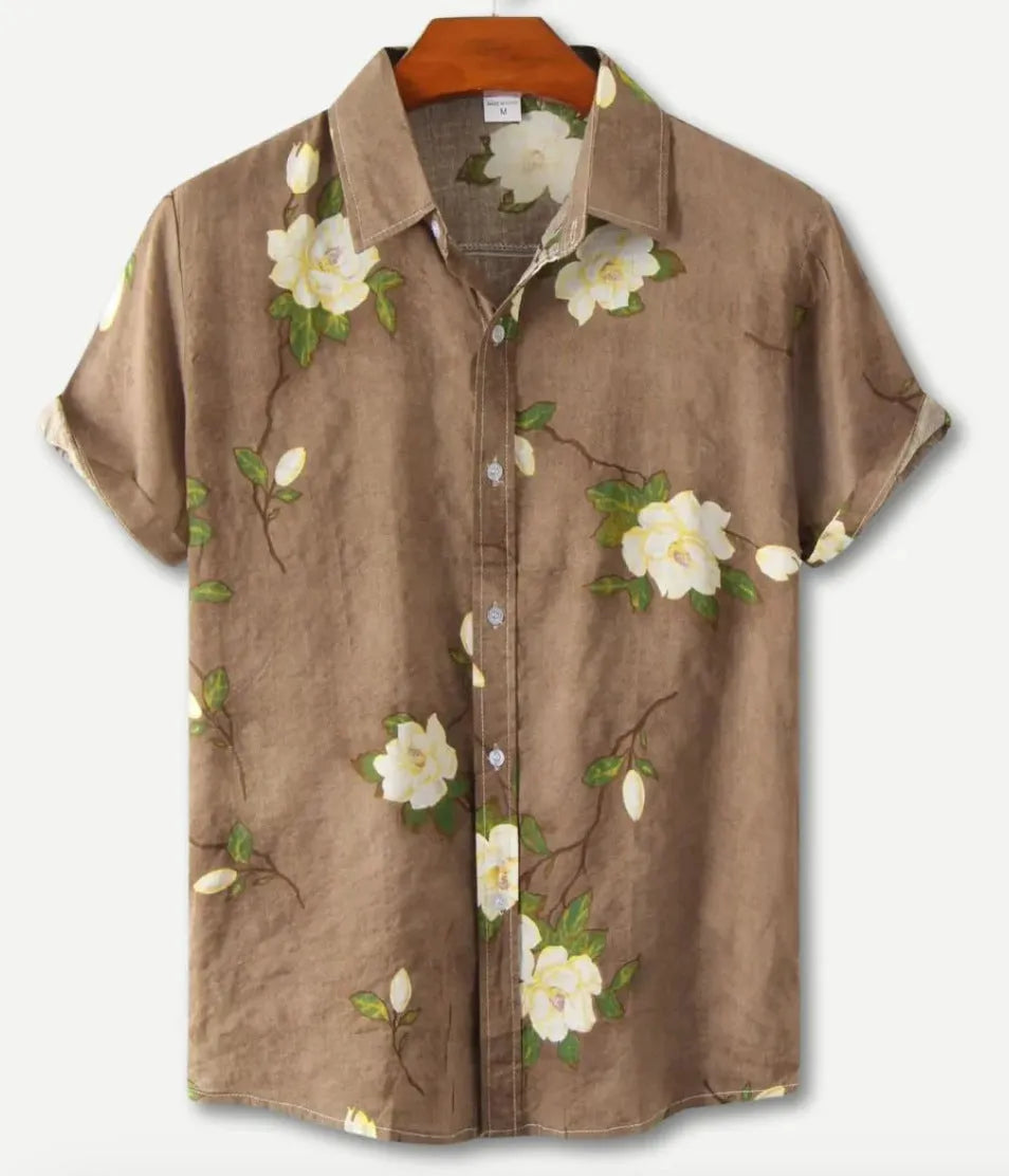 Hawaiian print short sleeve shirt with floral pattern and elastic fabric on a mannequin