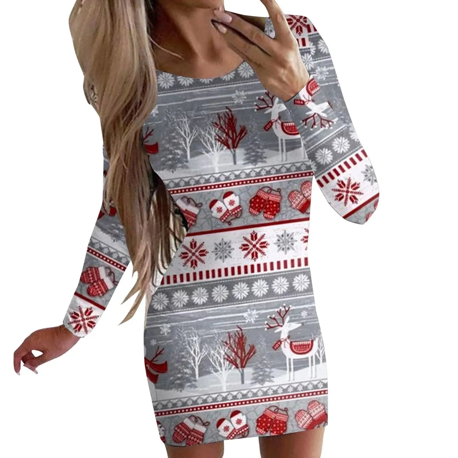 Christmas animal print dress with round neck, long sleeves, and floral pattern in polyester fabric