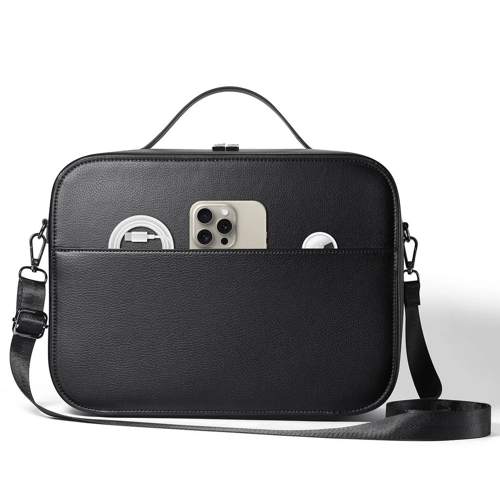Black superfiber storage box for Vision Pro MR glasses with dimensions 32.5 by 24.5 by 11.5 cm.