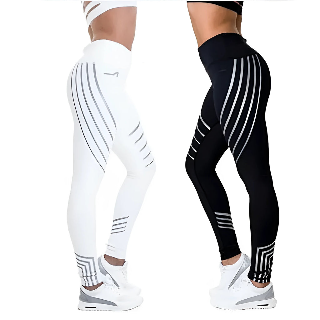 Women's black Milk Silk fitness leggings with night-glowing print, high-waisted pencil pants style.