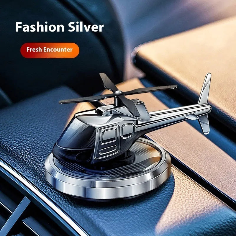 Metal solar helicopter car perfume with rotating blades and formaldehyde removal function in silver, black, or blue