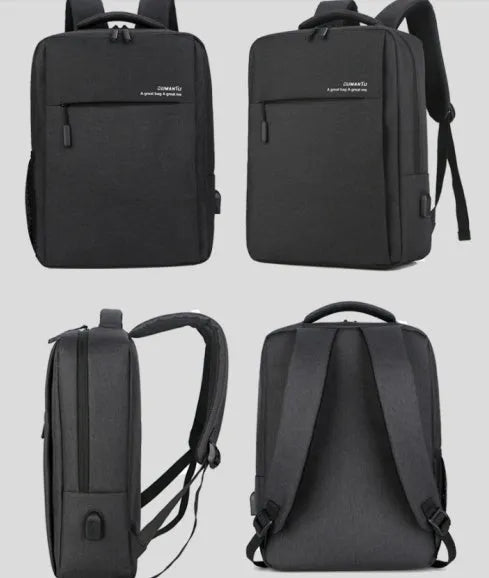 Black waterproof Oxford cloth laptop backpack with shoulder straps, shown with a laptop and charging cable.