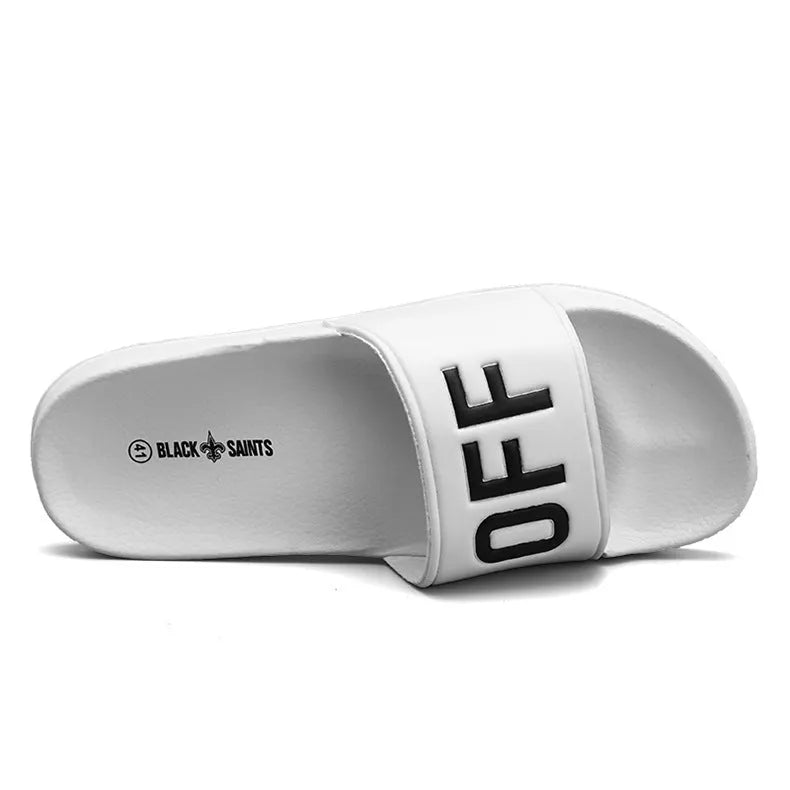 Large size black personalised men's slippers with open toe and rubber sole.